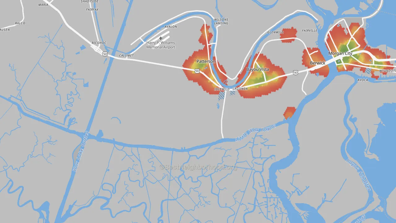 Walk Grade map of Idlewild, LA, walkable areas in green and car-dependent areas in red