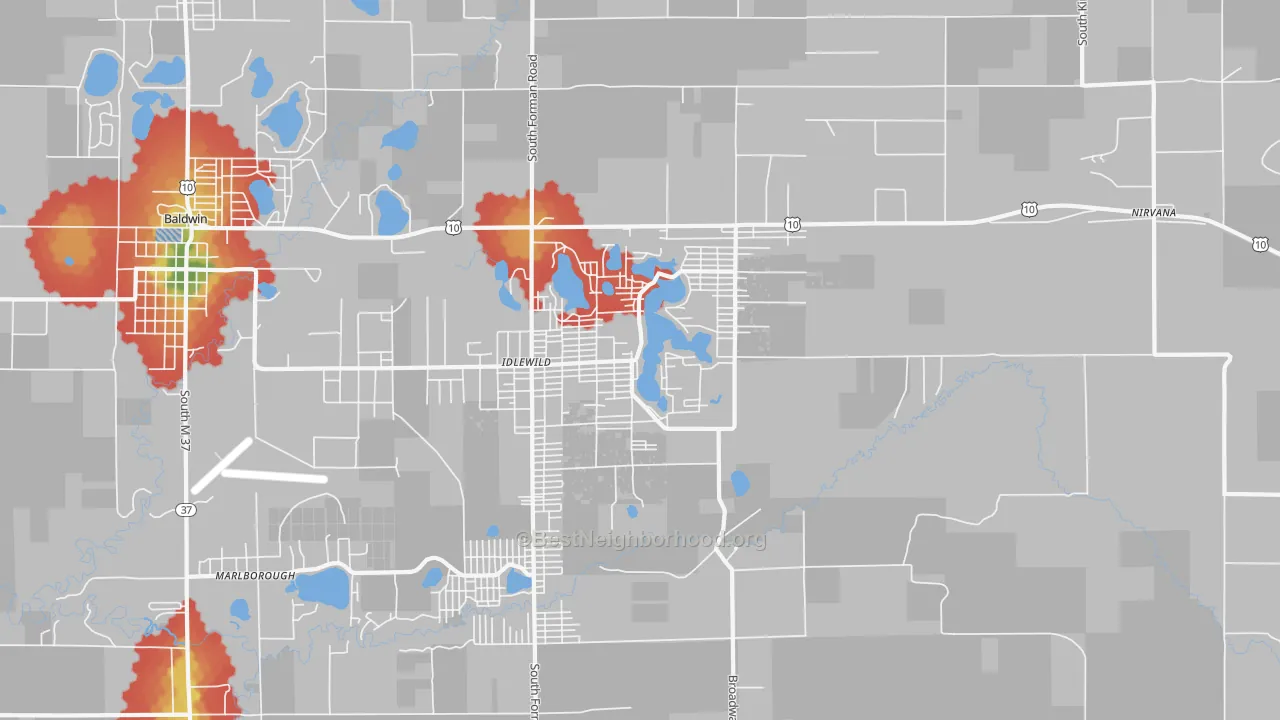 Walk Grade map of Idlewild, MI, walkable areas in green and car-dependent areas in red