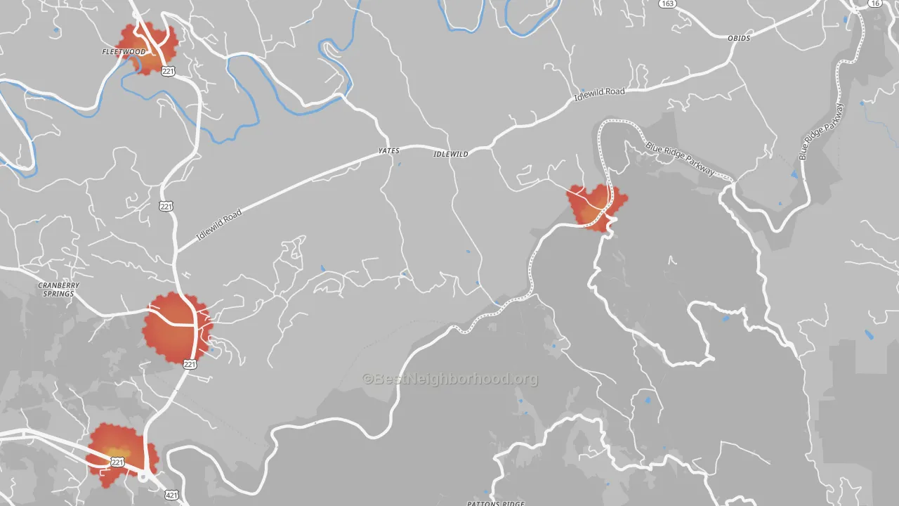 Walk Grade map of Idlewild, NC, walkable areas in green and car-dependent areas in red