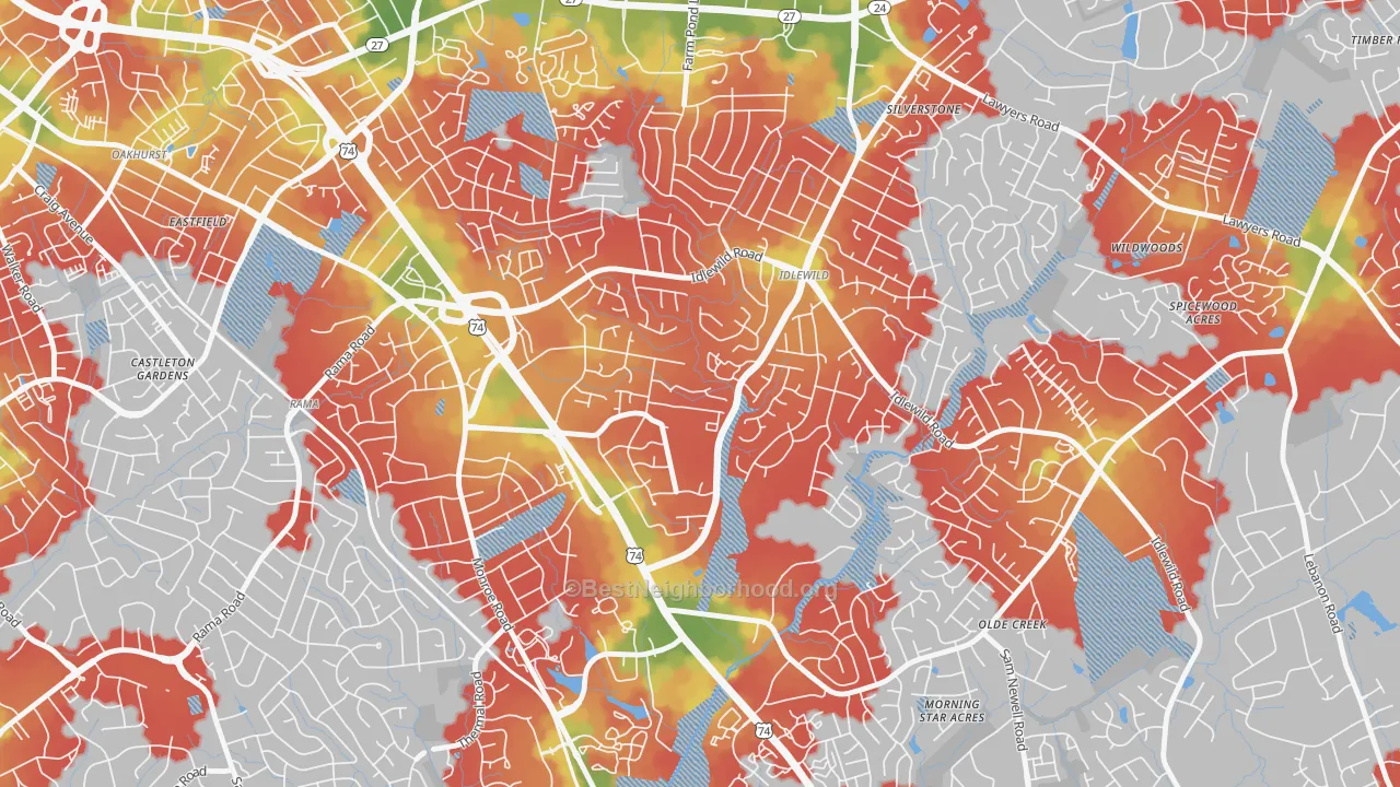 Walk Grade map of Idlewild South, Charlotte, NC, walkable areas in green and car-dependent areas in red