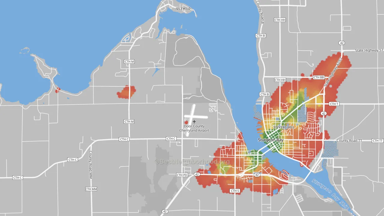 Walk Grade map of Idlewild, WI, walkable areas in green and car-dependent areas in red
