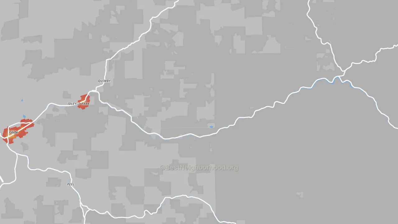 Walk Grade map of Idleyld Park, OR, walkable areas in green and car-dependent areas in red