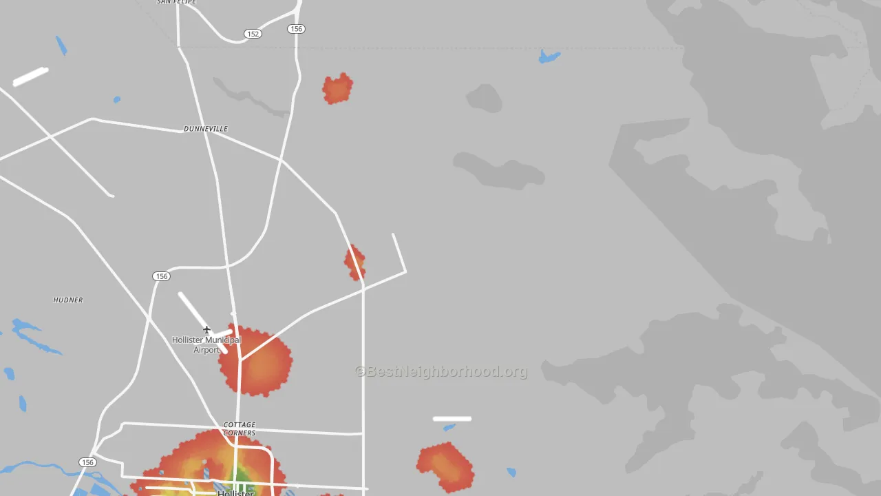 Walk Grade map of Idria, CA, walkable areas in green and car-dependent areas in red