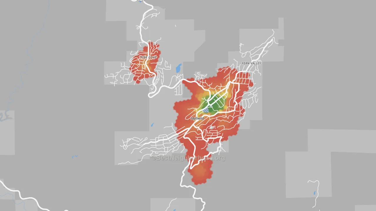 Walk Grade map of Idyllwild-Pine Cove, CA, walkable areas in green and car-dependent areas in red