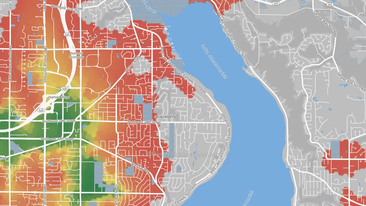 Walk Grade map of Idylwood, Redmond, WA, walkable areas in green and car-dependent areas in red