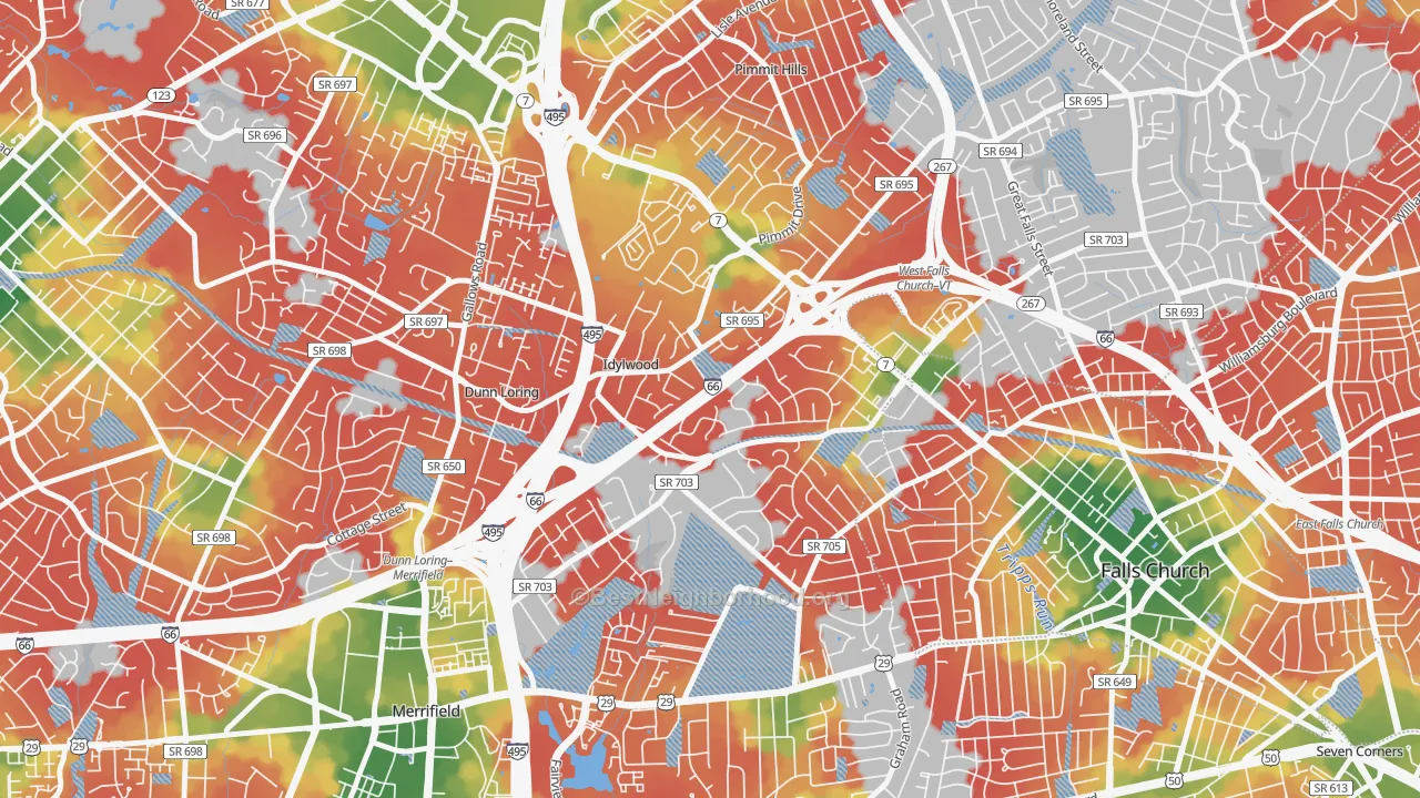 Walk Grade map of Idylwood, VA, walkable areas in green and car-dependent areas in red