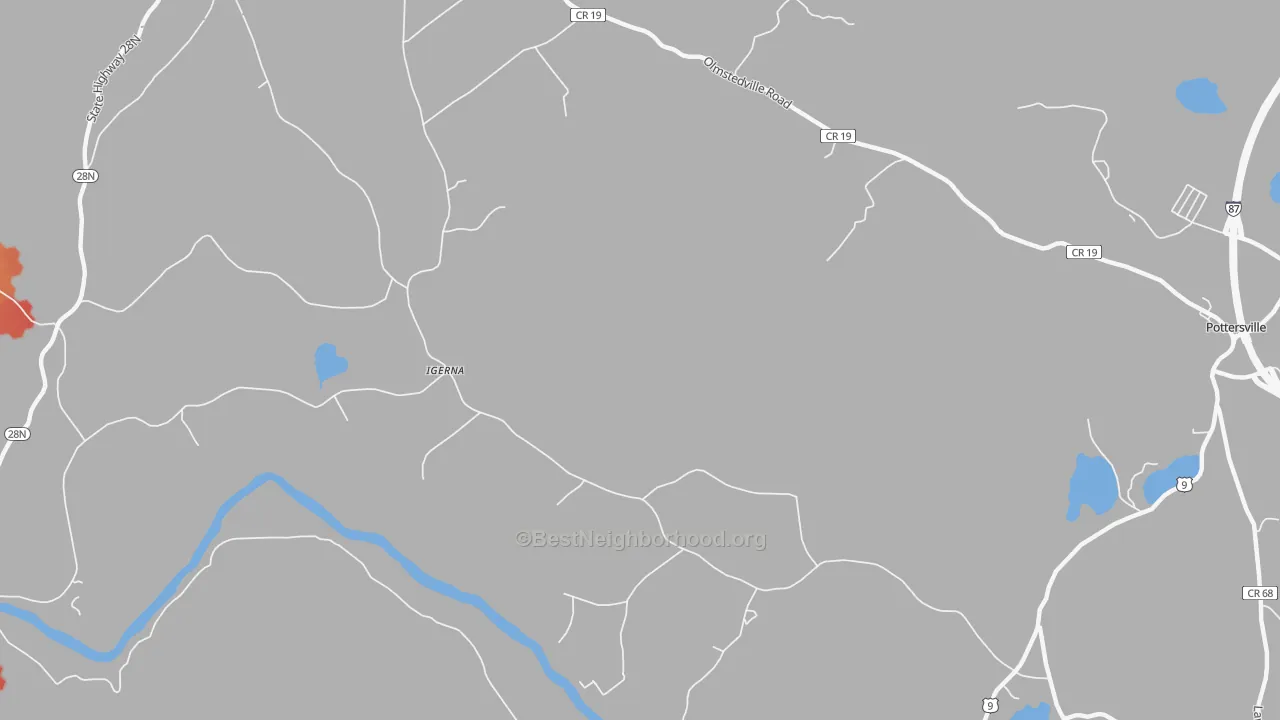 Walk Grade map of Igerna, NY, walkable areas in green and car-dependent areas in red