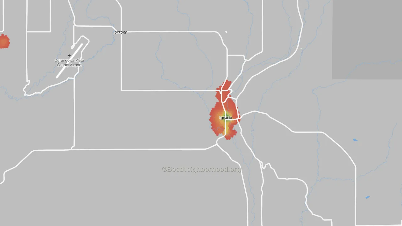 Walk Grade map of Ignacio, CO, walkable areas in green and car-dependent areas in red