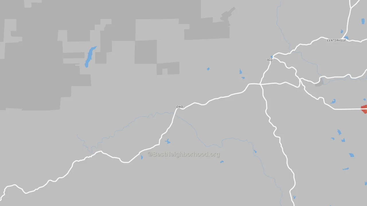 Walk Grade map of Igo, CA, walkable areas in green and car-dependent areas in red