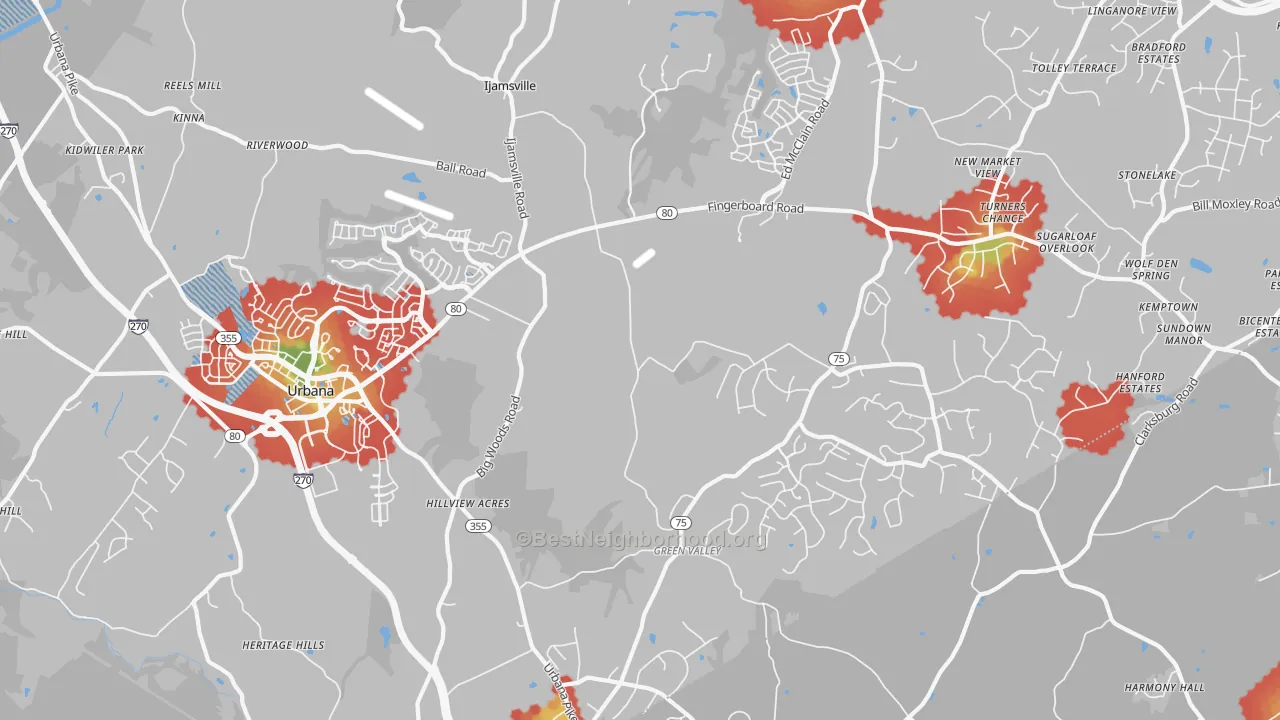 Walk Grade map of Ijamsville, MD, walkable areas in green and car-dependent areas in red