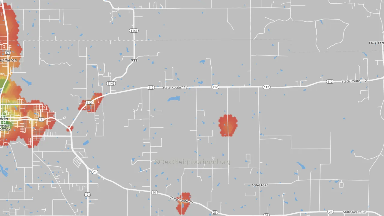 Walk Grade map of Ikes, LA, walkable areas in green and car-dependent areas in red