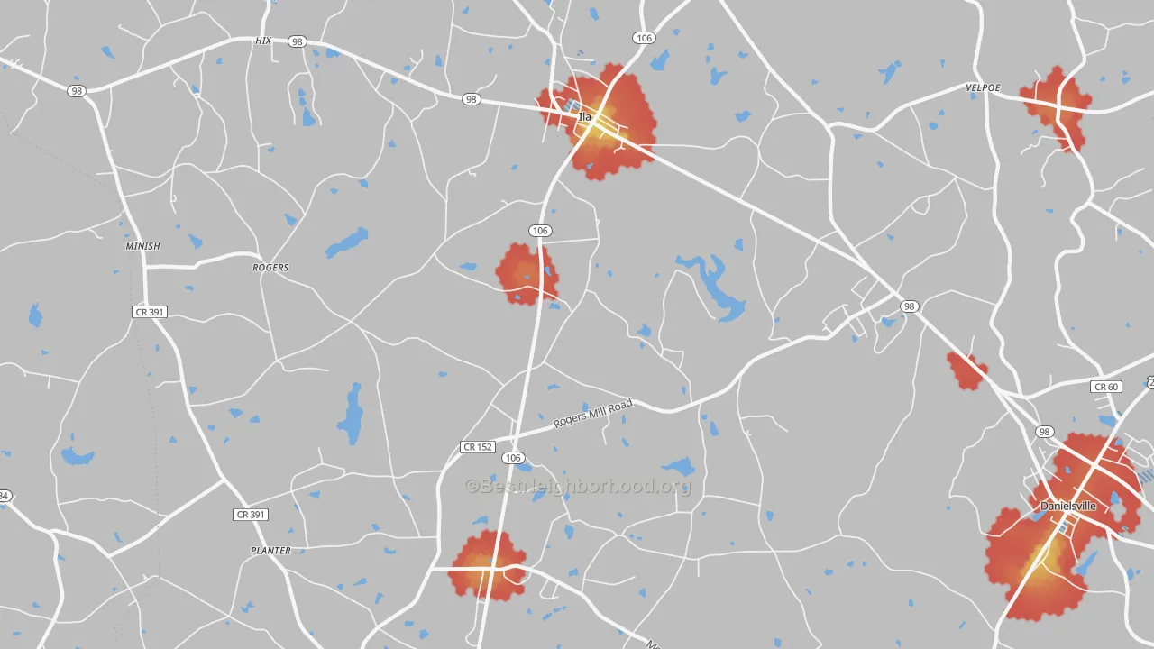 Walk Grade map of Ila, GA, walkable areas in green and car-dependent areas in red