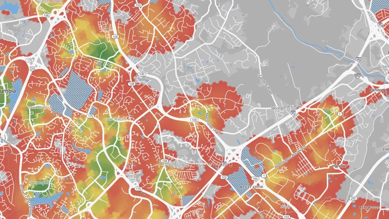Walk Grade map of Ilchester, MD, walkable areas in green and car-dependent areas in red
