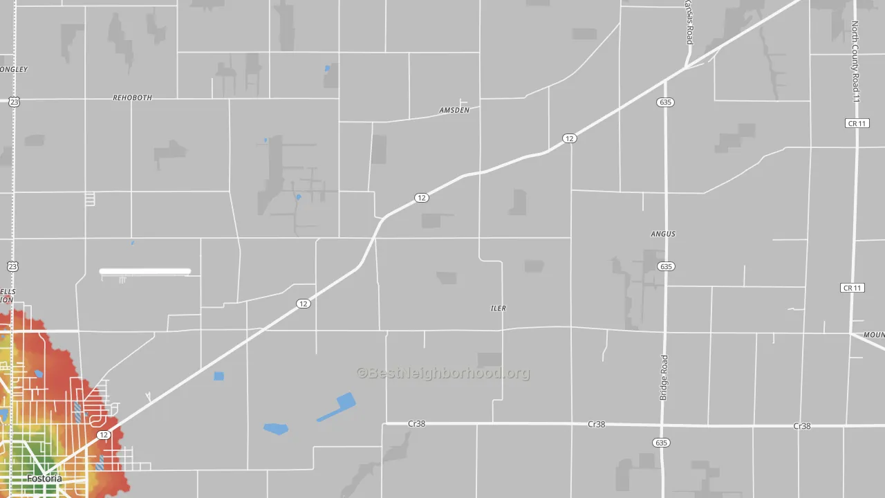 Walk Grade map of Iler, OH, walkable areas in green and car-dependent areas in red