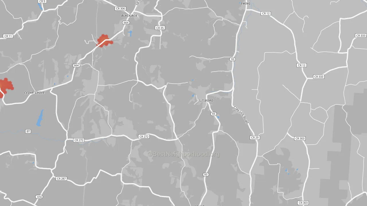 Walk Grade map of Ilesboro, OH, walkable areas in green and car-dependent areas in red
