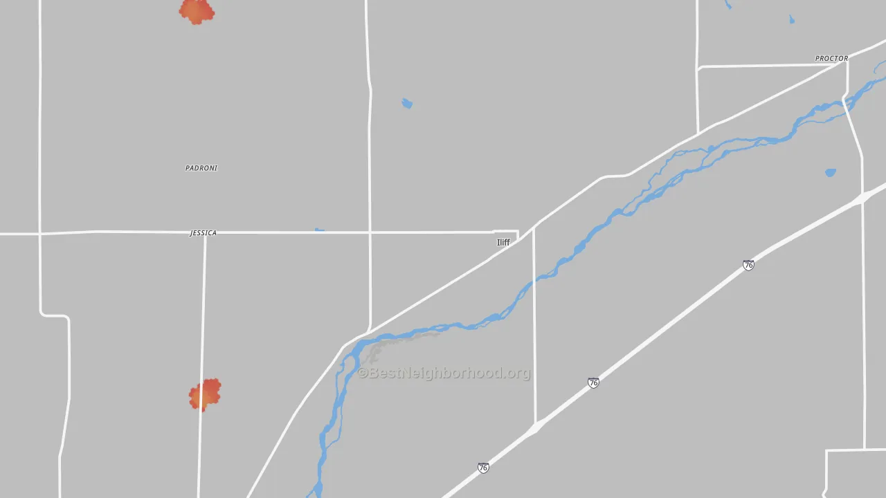 Walk Grade map of Iliff, CO, walkable areas in green and car-dependent areas in red