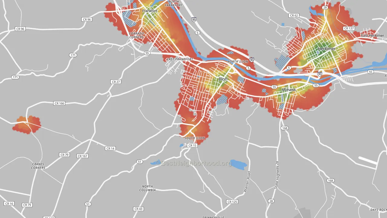 Walk Grade map of Ilion, NY, walkable areas in green and car-dependent areas in red