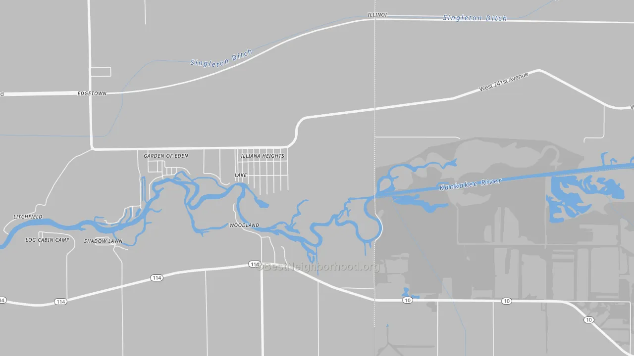Walk Grade map of Illiana Heights, IL, walkable areas in green and car-dependent areas in red