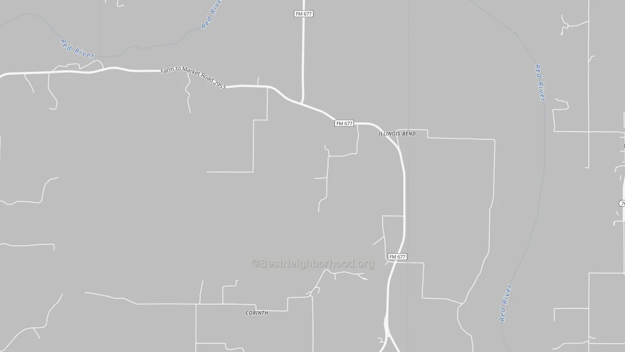 Walk Grade map of Illinois Bend, TX, walkable areas in green and car-dependent areas in red