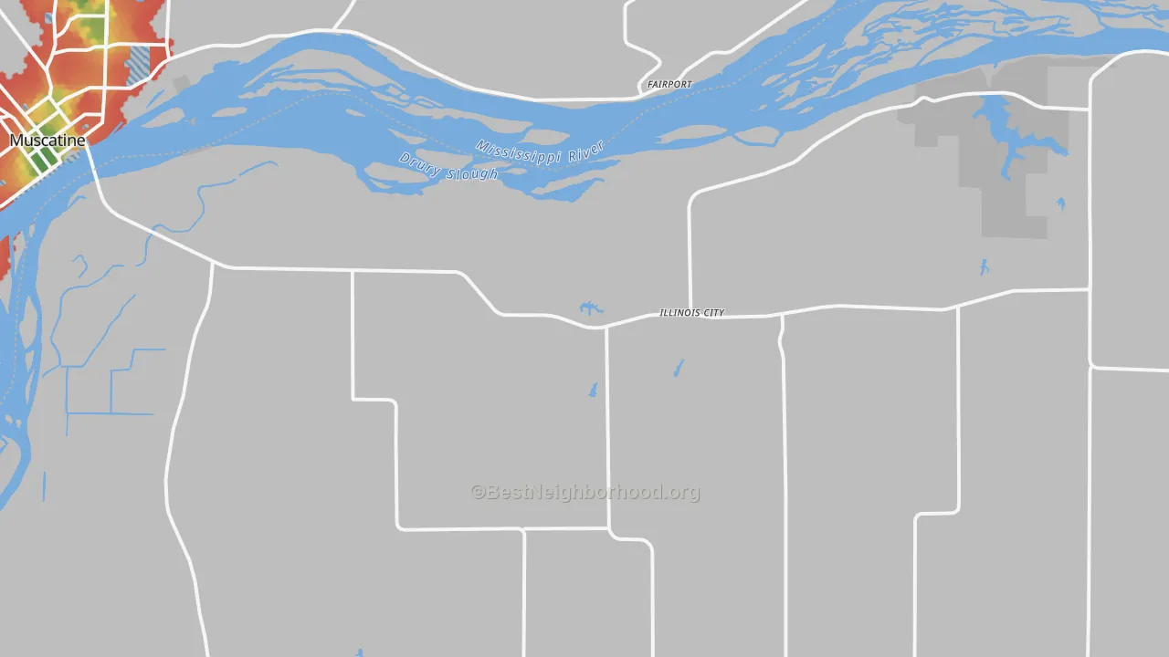 Walk Grade map of Illinois City, IL, walkable areas in green and car-dependent areas in red