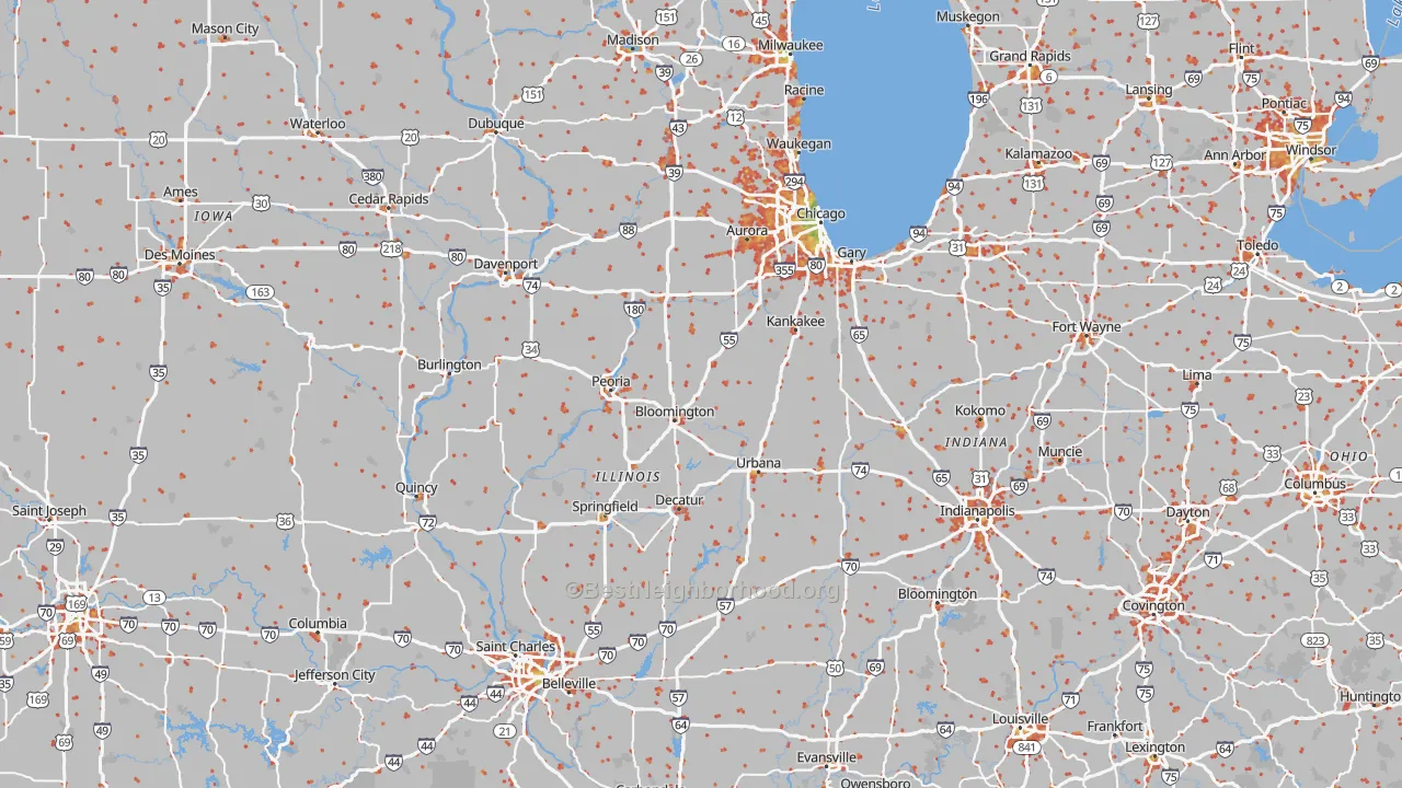 Walk Grade map of Illinois, walkable areas in green and car-dependent areas in red