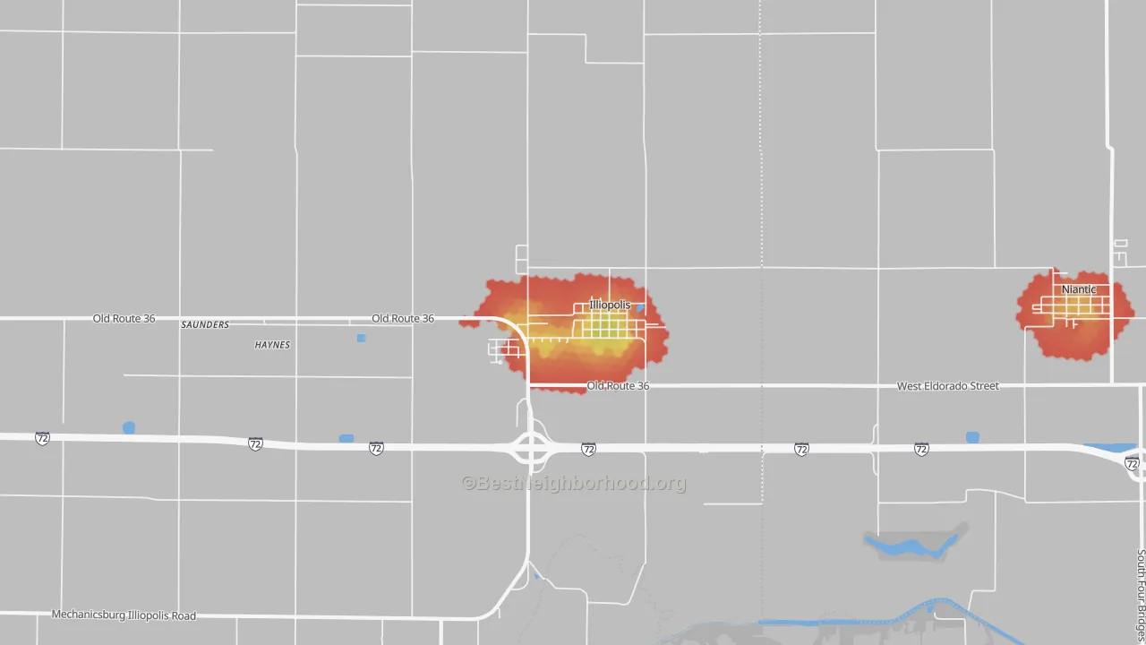 Walk Grade map of Illiopolis, IL, walkable areas in green and car-dependent areas in red