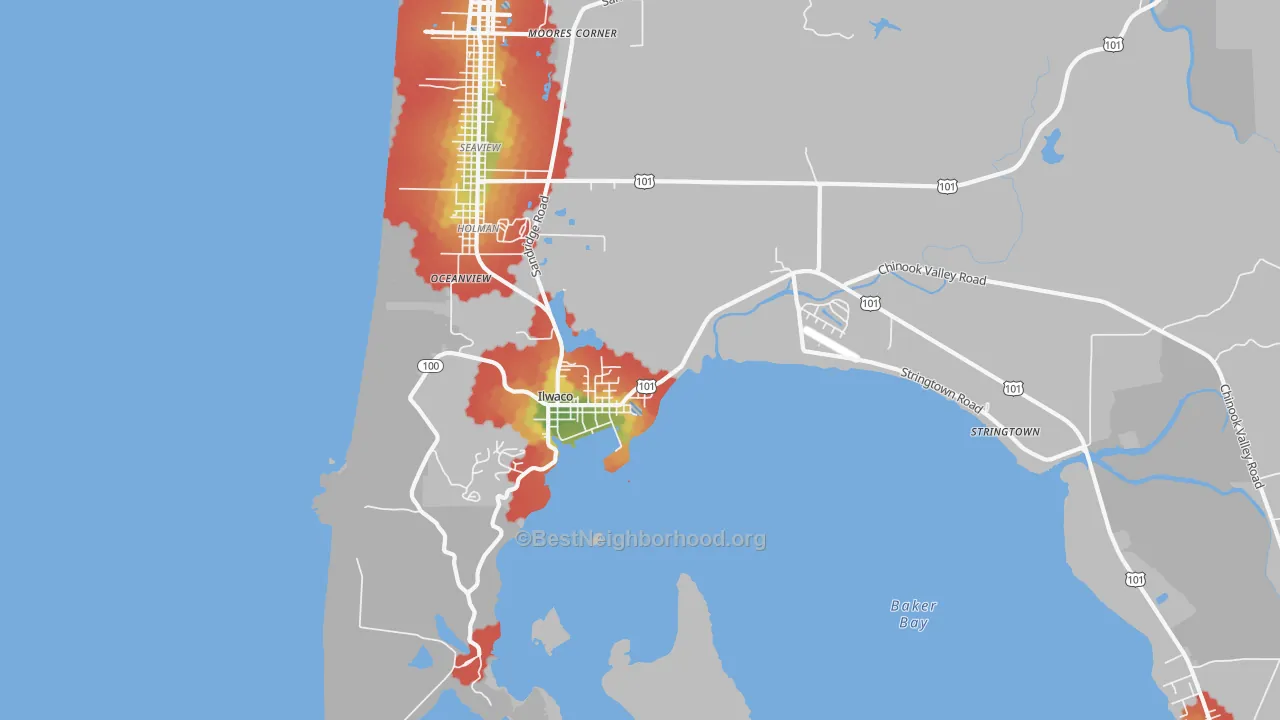 Walk Grade map of Ilwaco, WA, walkable areas in green and car-dependent areas in red