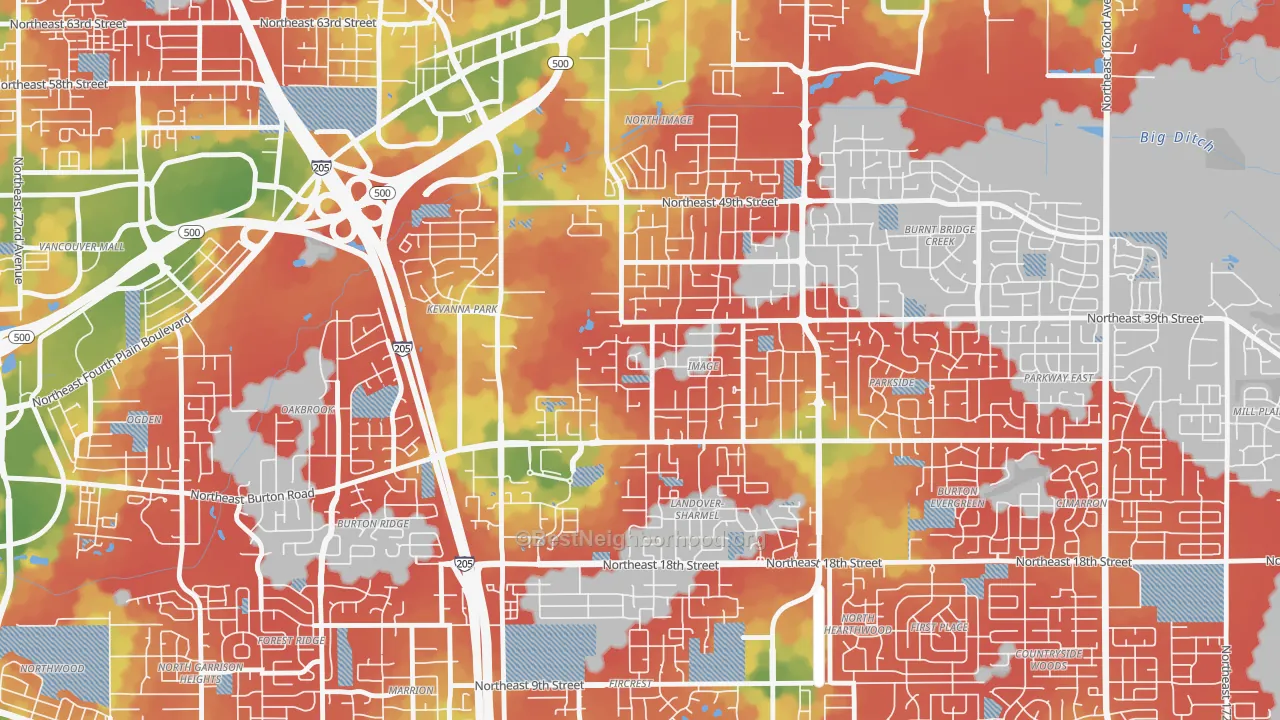 Walk Grade map of Image, Vancouver, WA, walkable areas in green and car-dependent areas in red