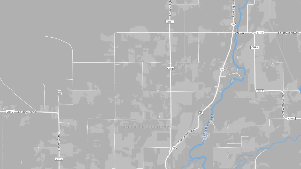 Walk Grade map of Imalone, WI, walkable areas in green and car-dependent areas in red