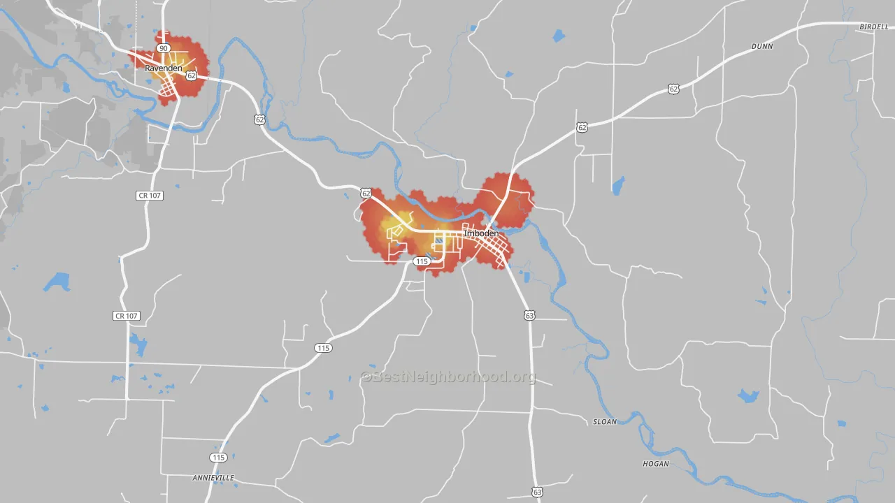 Walk Grade map of Imboden, AR, walkable areas in green and car-dependent areas in red