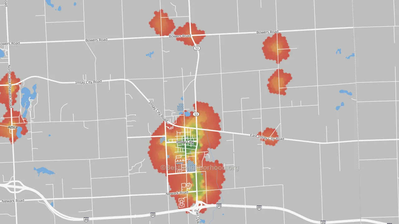 Walk Grade map of Imlay City, MI, walkable areas in green and car-dependent areas in red