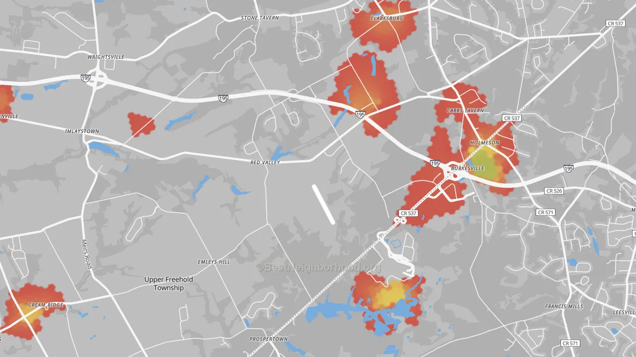 Walk Grade map of Imlaystown, NJ, walkable areas in green and car-dependent areas in red