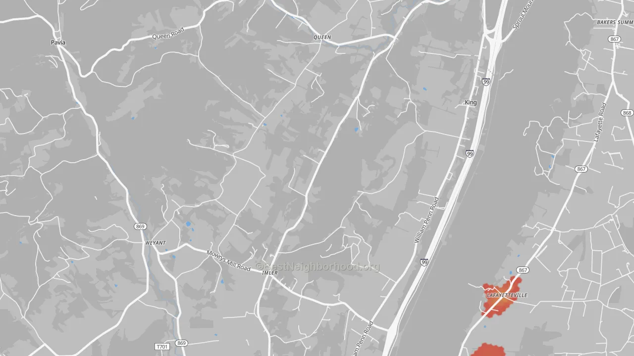 Walk Grade map of Imler, PA, walkable areas in green and car-dependent areas in red