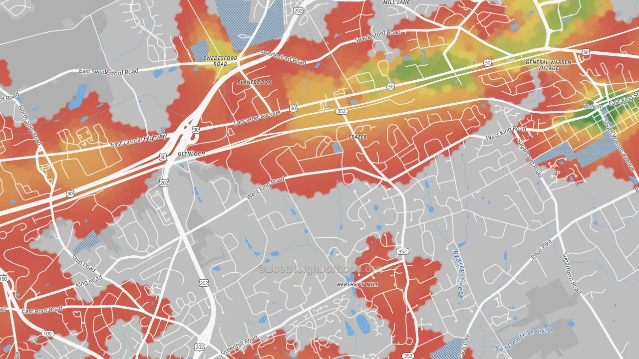 Walk Grade map of Immaculata, PA, walkable areas in green and car-dependent areas in red