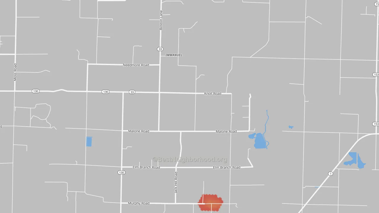 Walk Grade map of Immanuel, AR, walkable areas in green and car-dependent areas in red