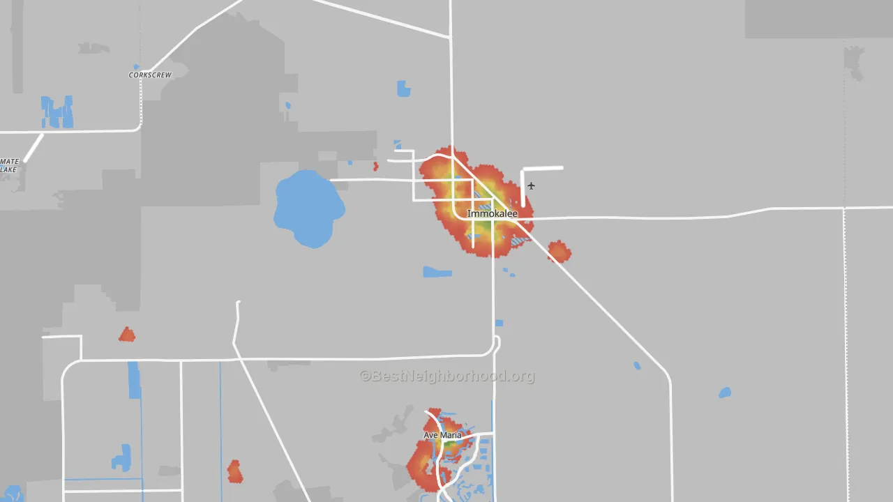 Walk Grade map of Immokalee, FL, walkable areas in green and car-dependent areas in red