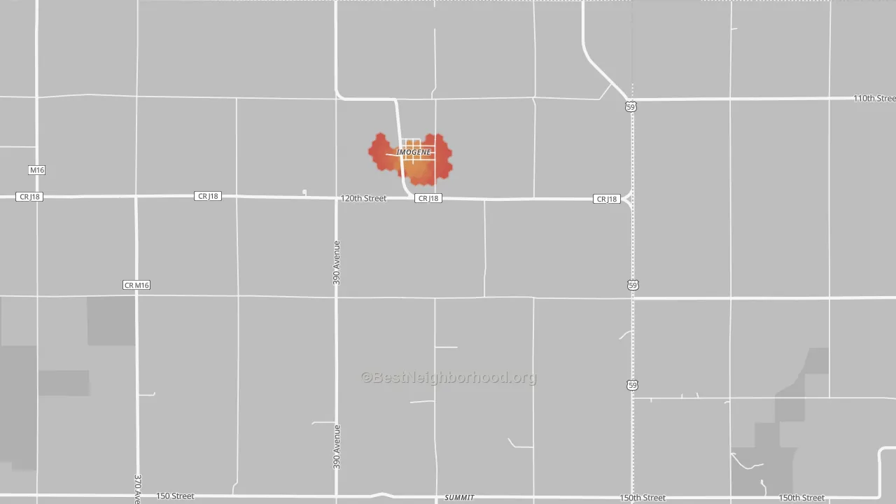 Walk Grade map of Imogene, IA, walkable areas in green and car-dependent areas in red