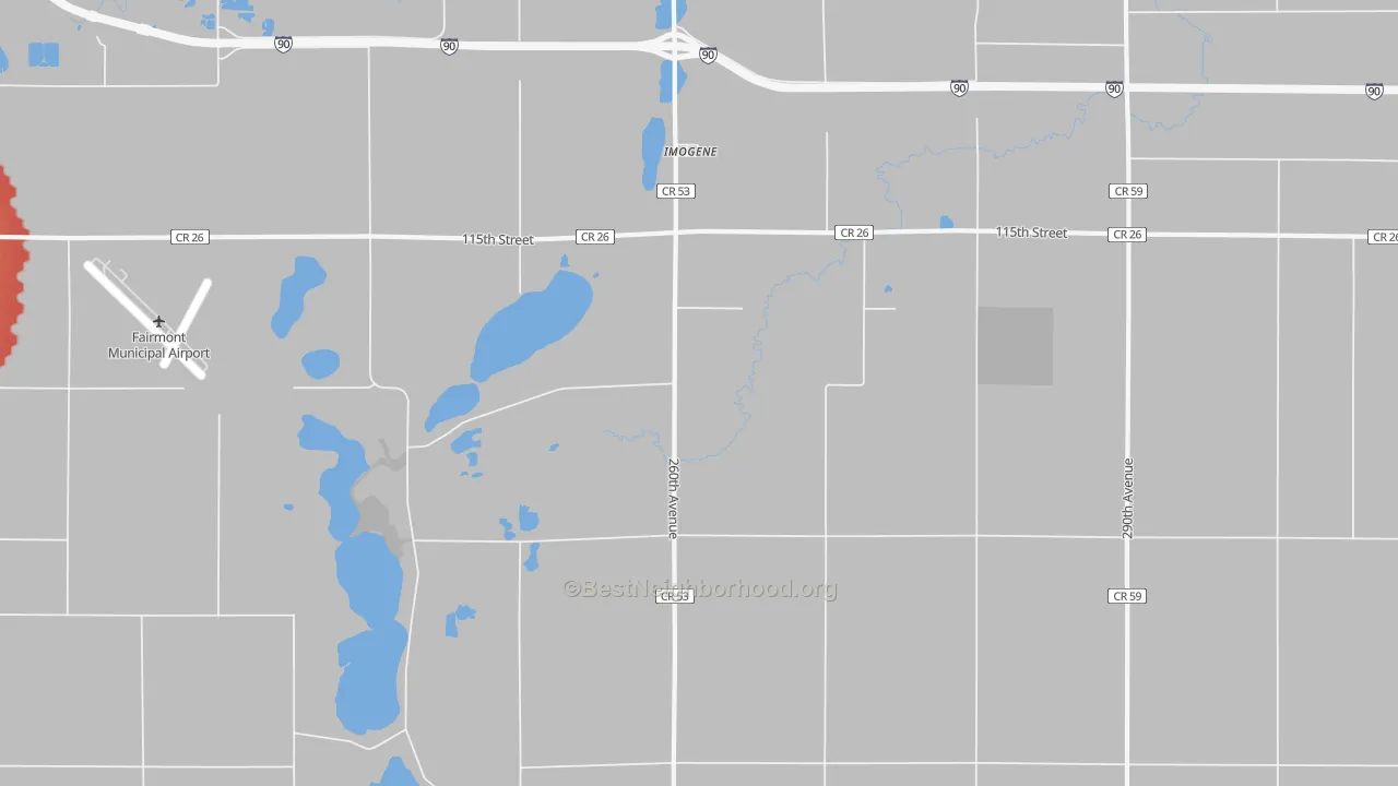 Walk Grade map of Imogene, MN, walkable areas in green and car-dependent areas in red