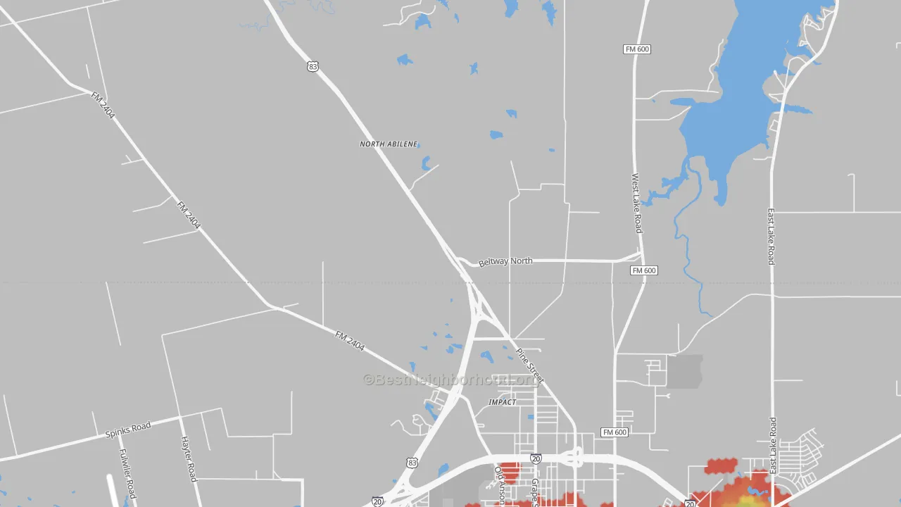 Walk Grade map of Impact, TX, walkable areas in green and car-dependent areas in red