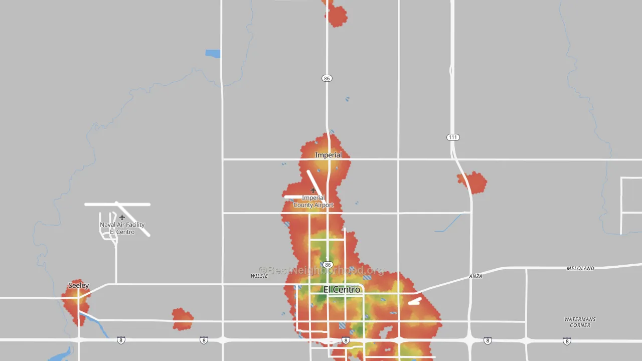 Walk Grade map of Imperial, CA, walkable areas in green and car-dependent areas in red
