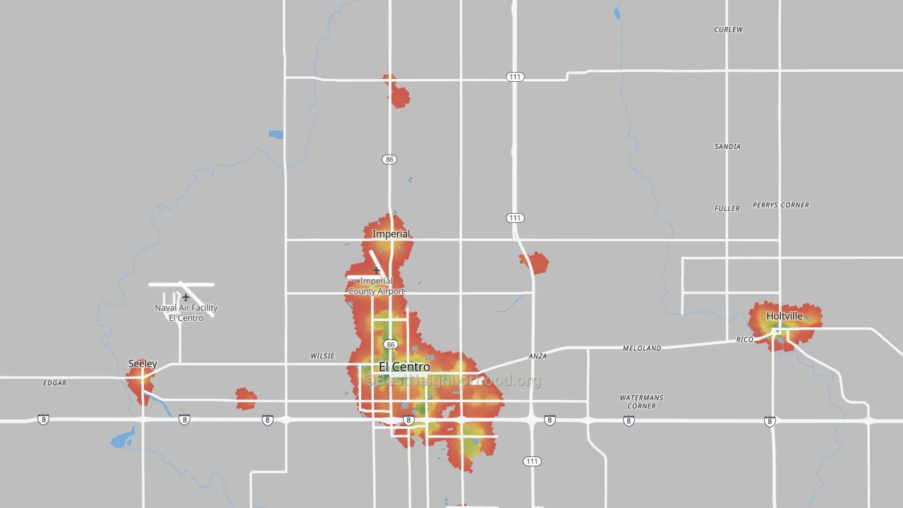 Walk Grade map of Imperial County, CA, walkable areas in green and car-dependent areas in red