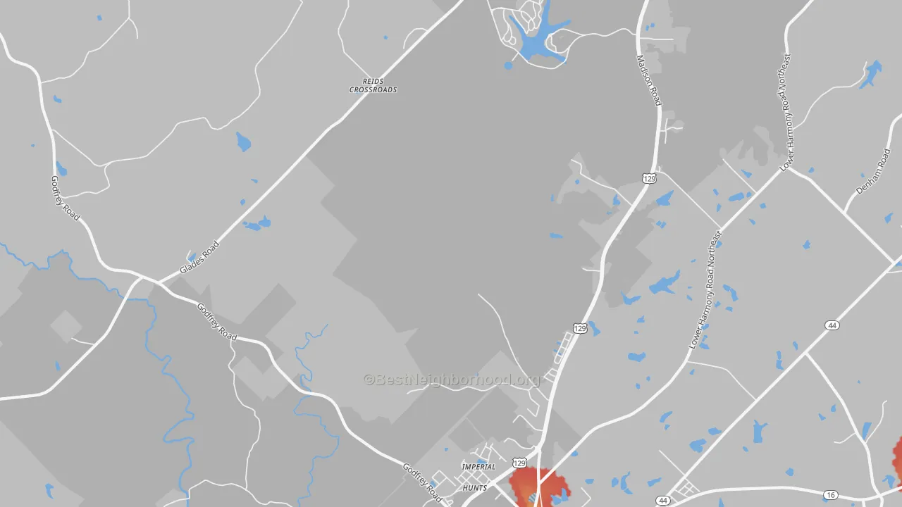 Walk Grade map of Imperial, GA, walkable areas in green and car-dependent areas in red