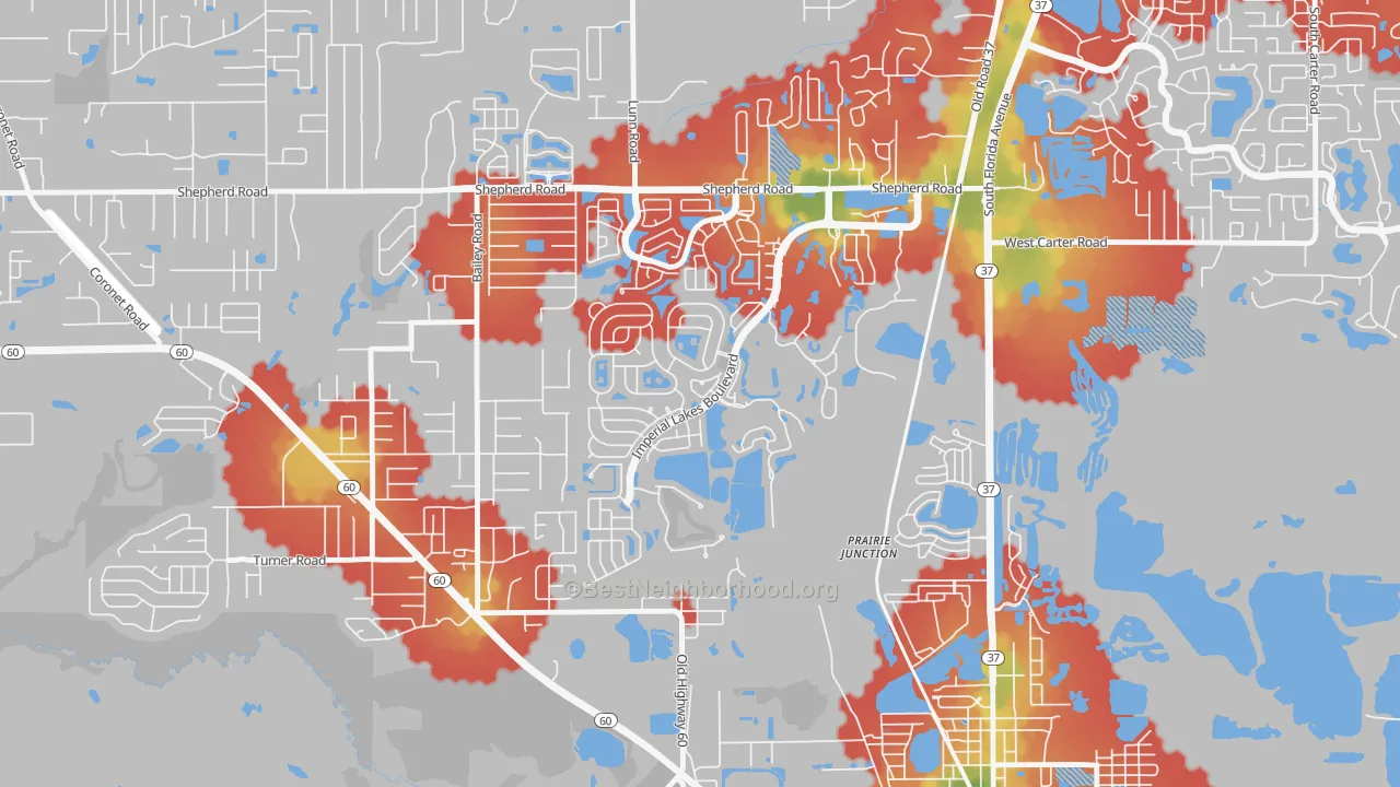 Walk Grade map of Imperial Lakes, Fuller Heights, FL, walkable areas in green and car-dependent areas in red