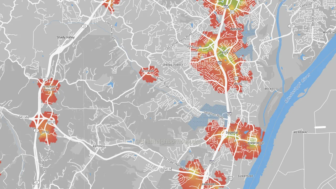 Walk Grade map of Imperial, MO, walkable areas in green and car-dependent areas in red