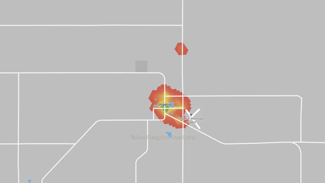 Walk Grade map of Imperial, NE, walkable areas in green and car-dependent areas in red