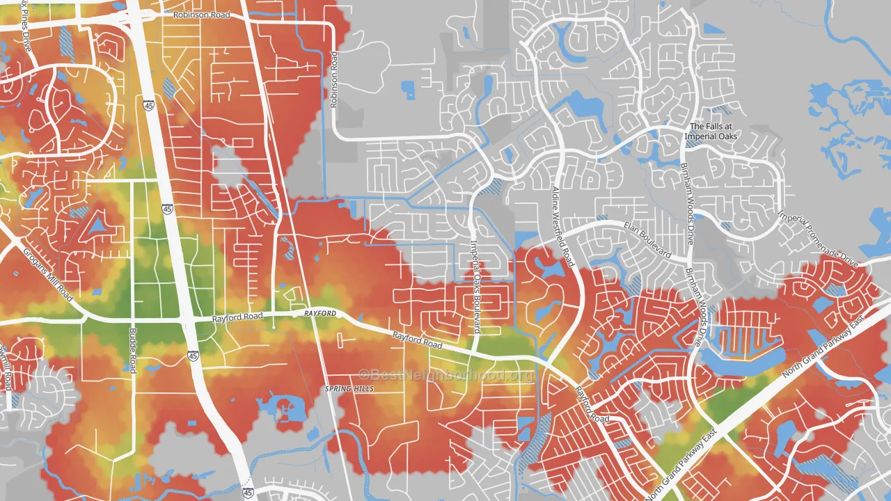 Walk Grade map of Imperial Oaks, Spring, TX, walkable areas in green and car-dependent areas in red
