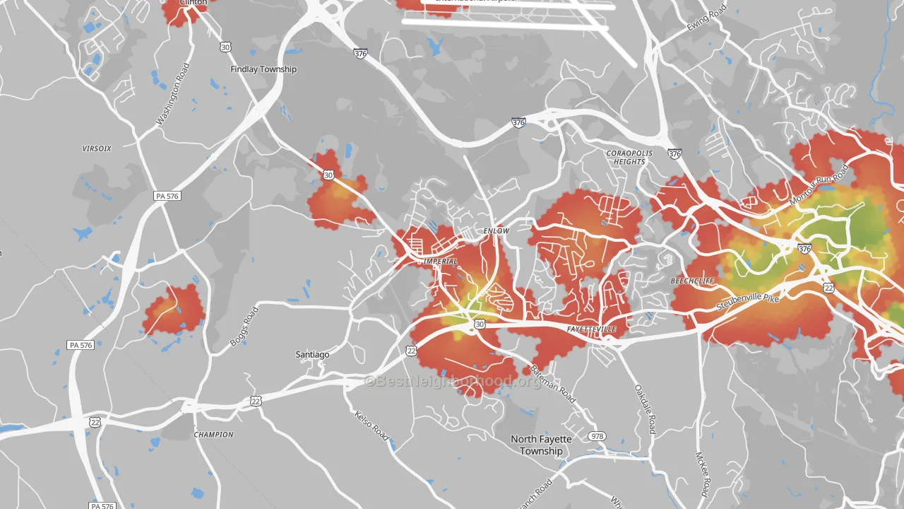Walk Grade map of Imperial, PA, walkable areas in green and car-dependent areas in red