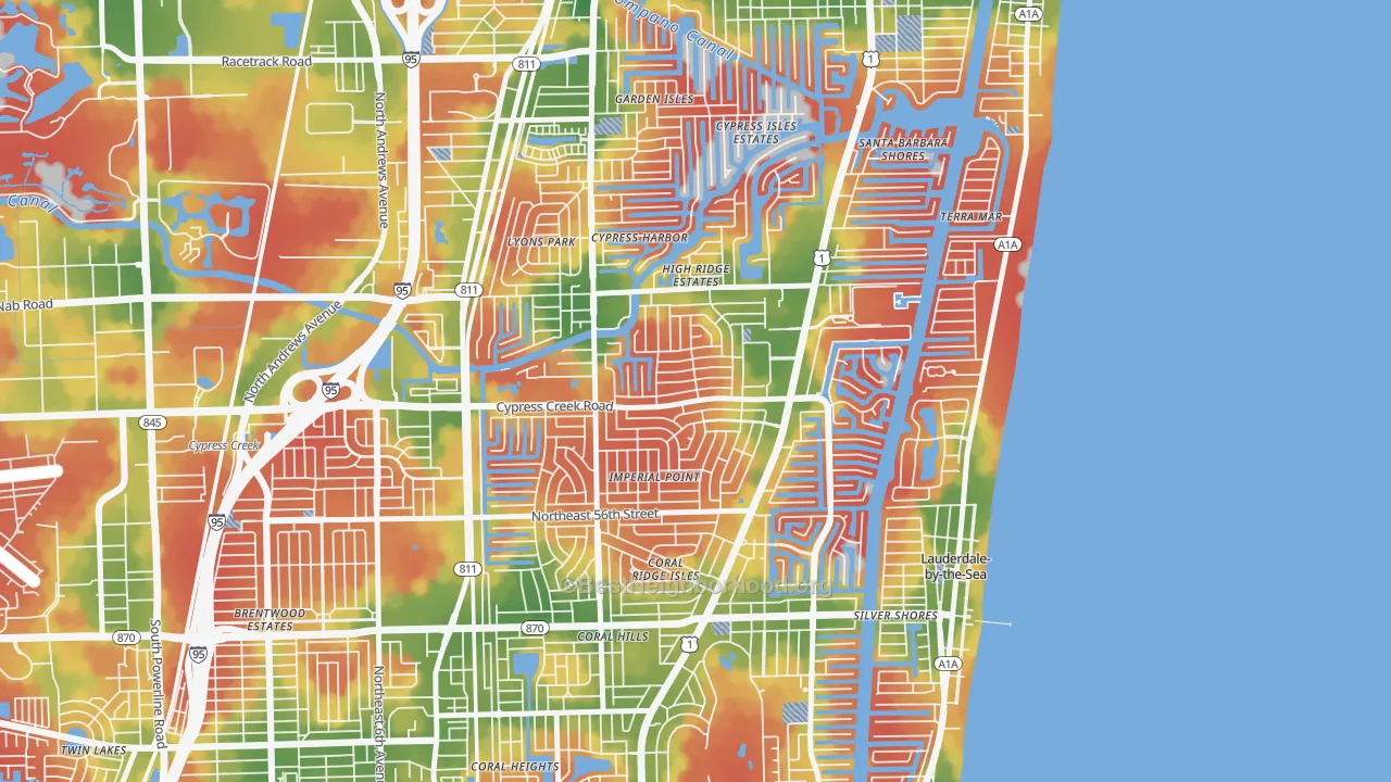 Walk Grade map of Imperial Point, Fort Lauderdale, FL, walkable areas in green and car-dependent areas in red