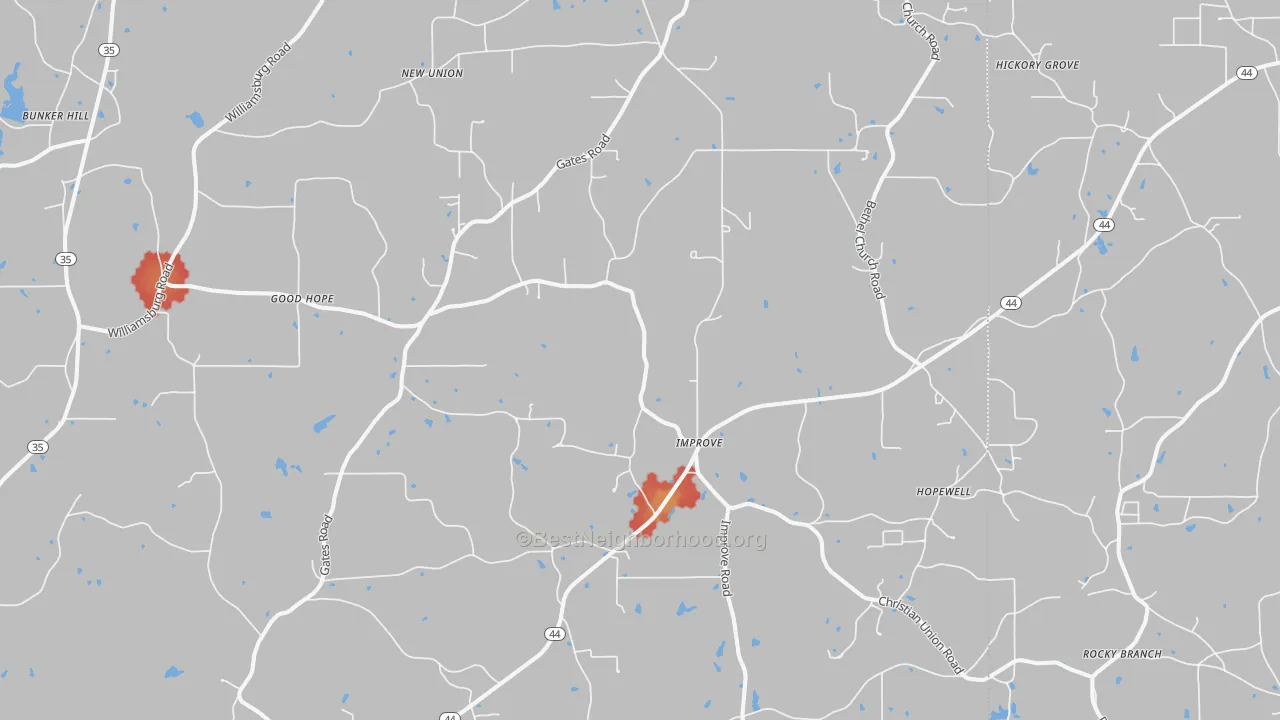 Walk Grade map of Improve, MS, walkable areas in green and car-dependent areas in red