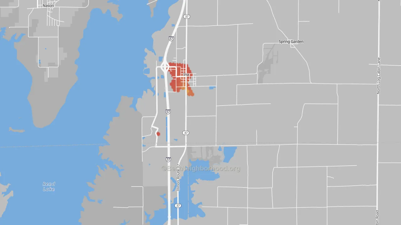 Walk Grade map of Ina, IL, walkable areas in green and car-dependent areas in red
